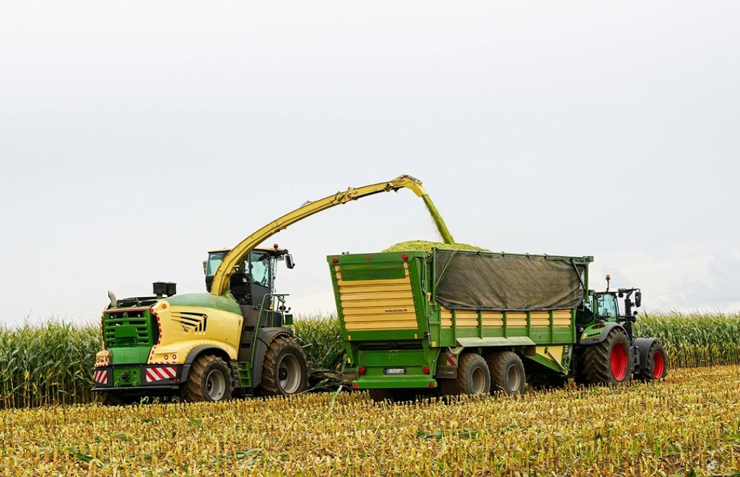 Segadora y remolque verde descargando maíz cosechado en campo